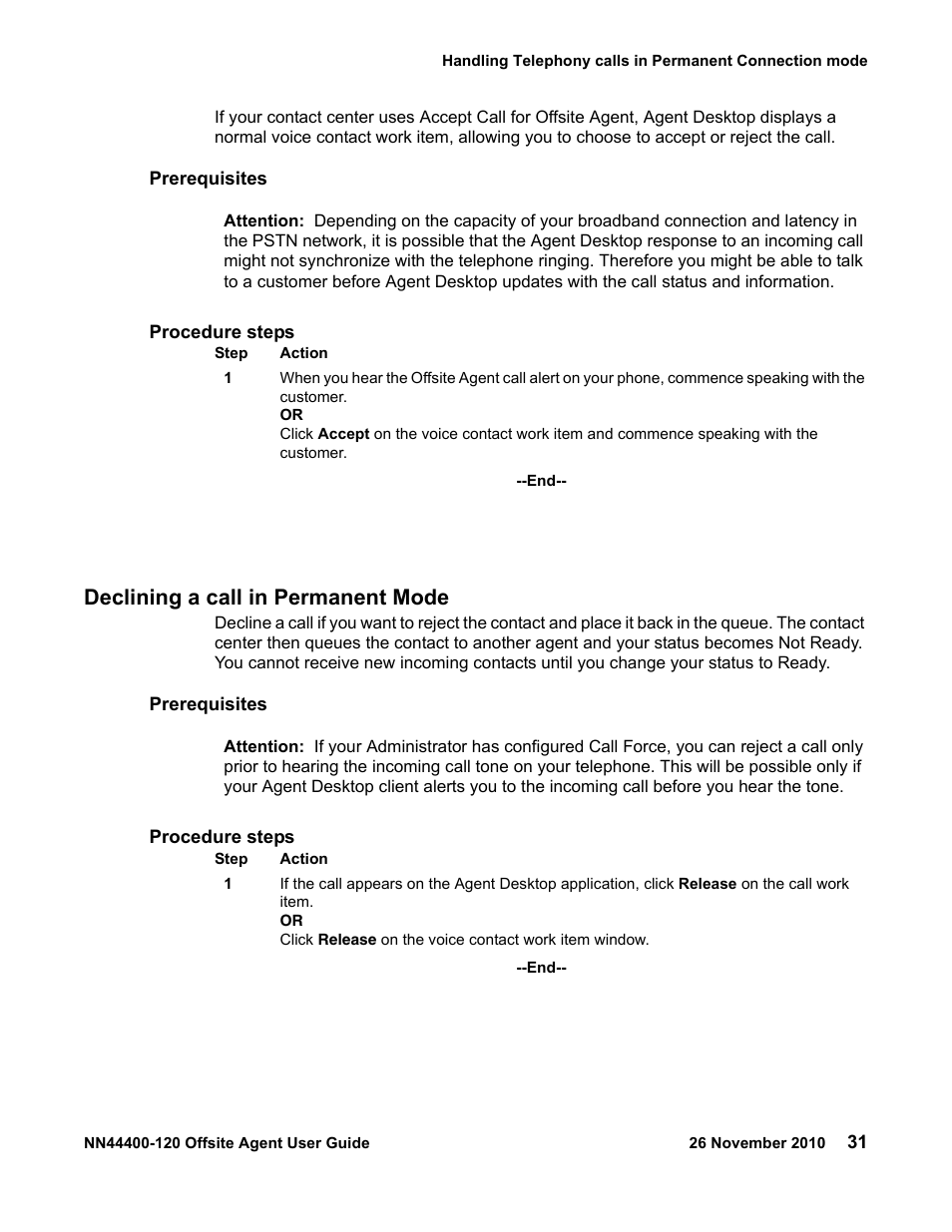 Declining a call in permanent mode, Declining a call in permanent mode 31 | Avaya NN44400-120 User Manual | Page 31 / 48