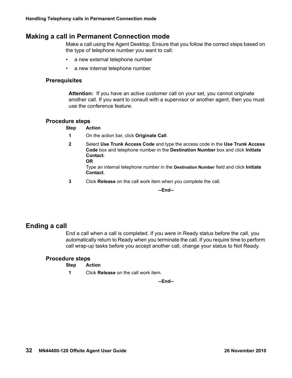 Making a call in permanent connection mode, Ending a call | Avaya NN44400-120 User Manual | Page 32 / 48