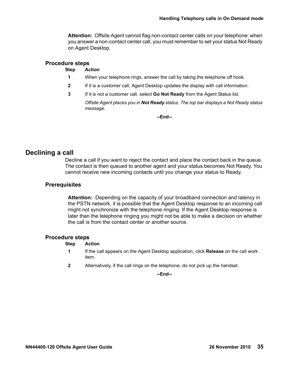 Declining a call, Declining a call 35 | Avaya NN44400-120 User Manual | Page 35 / 48