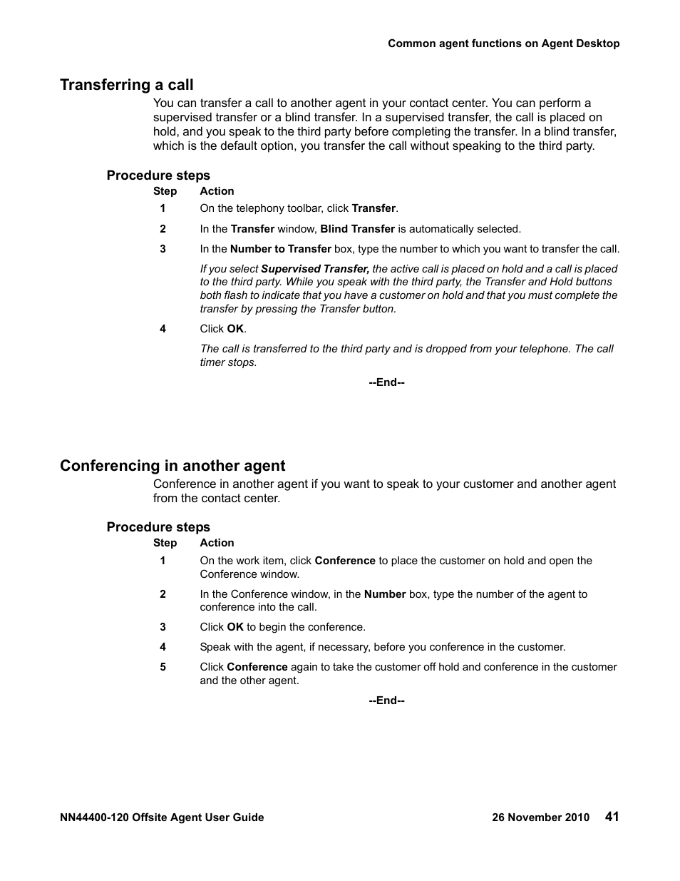 Transferring a call, Conferencing in another agent | Avaya NN44400-120 User Manual | Page 41 / 48