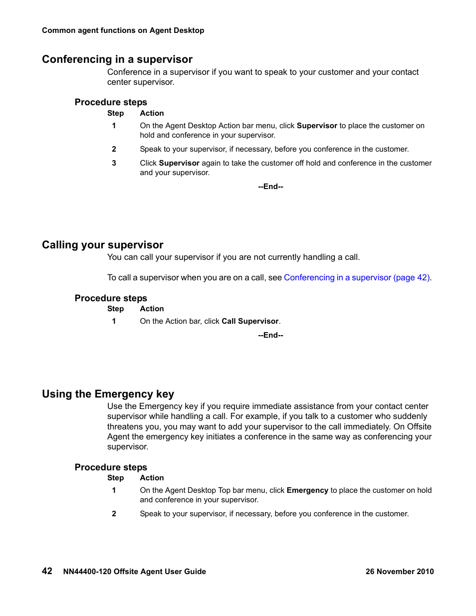 Conferencing in a supervisor, Calling your supervisor, Using the emergency key | Avaya NN44400-120 User Manual | Page 42 / 48