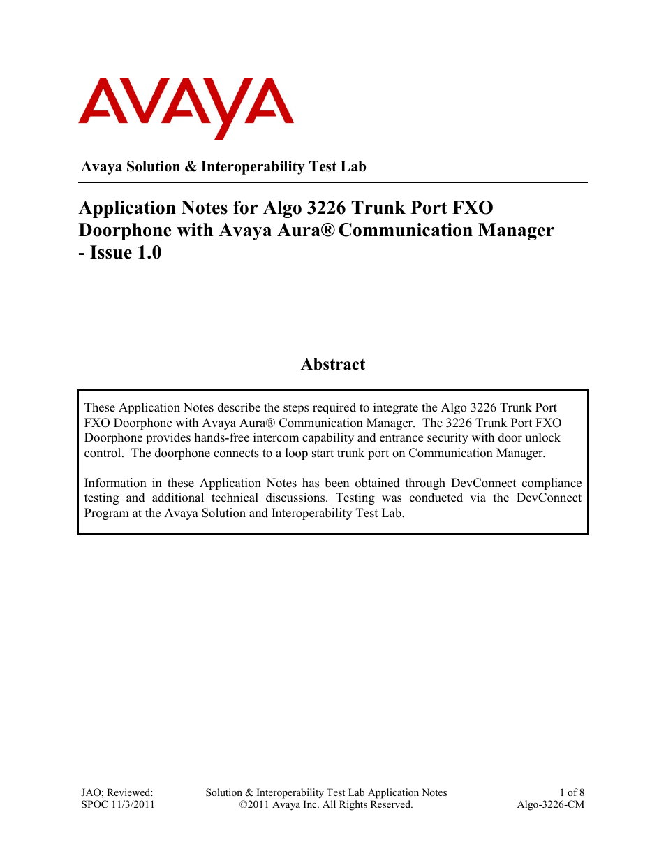 Avaya ALGO-3226-CM User Manual | 8 pages