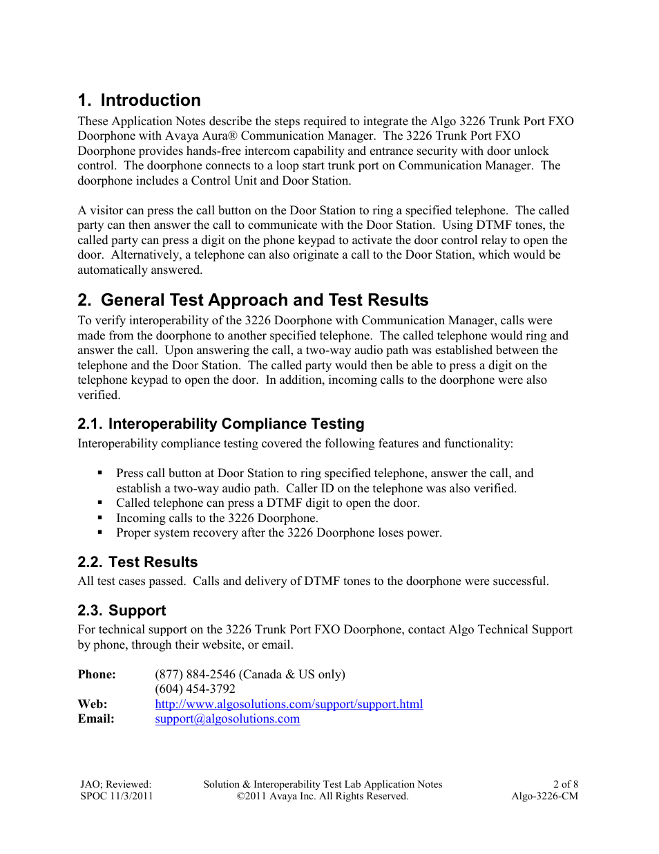 Introduction, General test approach and test results | Avaya ALGO-3226-CM User Manual | Page 2 / 8