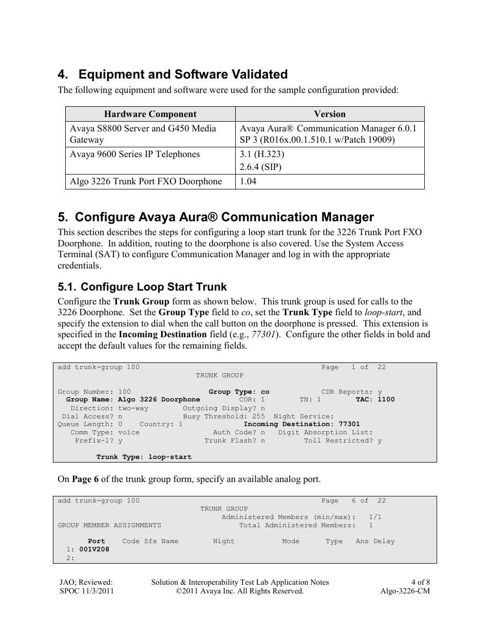 Equipment and software validated, Configure avaya aura® communication manager, Configure loop start trunk | Avaya ALGO-3226-CM User Manual | Page 4 / 8