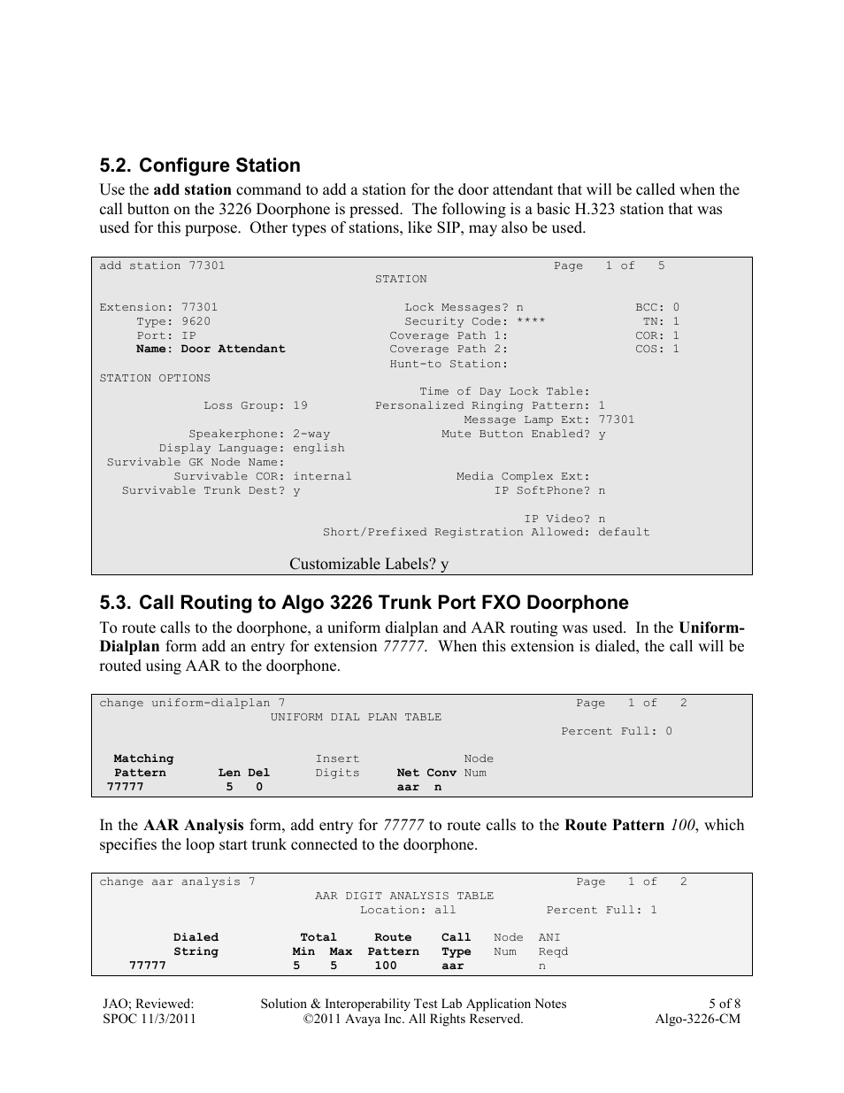 Configure station, Call routing to algo 3226 trunk port fxo doorphone | Avaya ALGO-3226-CM User Manual | Page 5 / 8