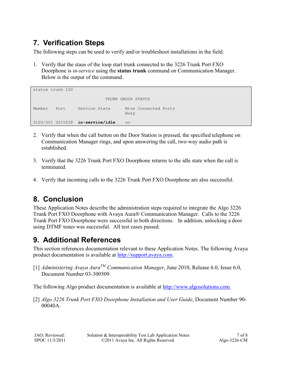 Verification steps, Conclusion, Additional references | Avaya ALGO-3226-CM User Manual | Page 7 / 8