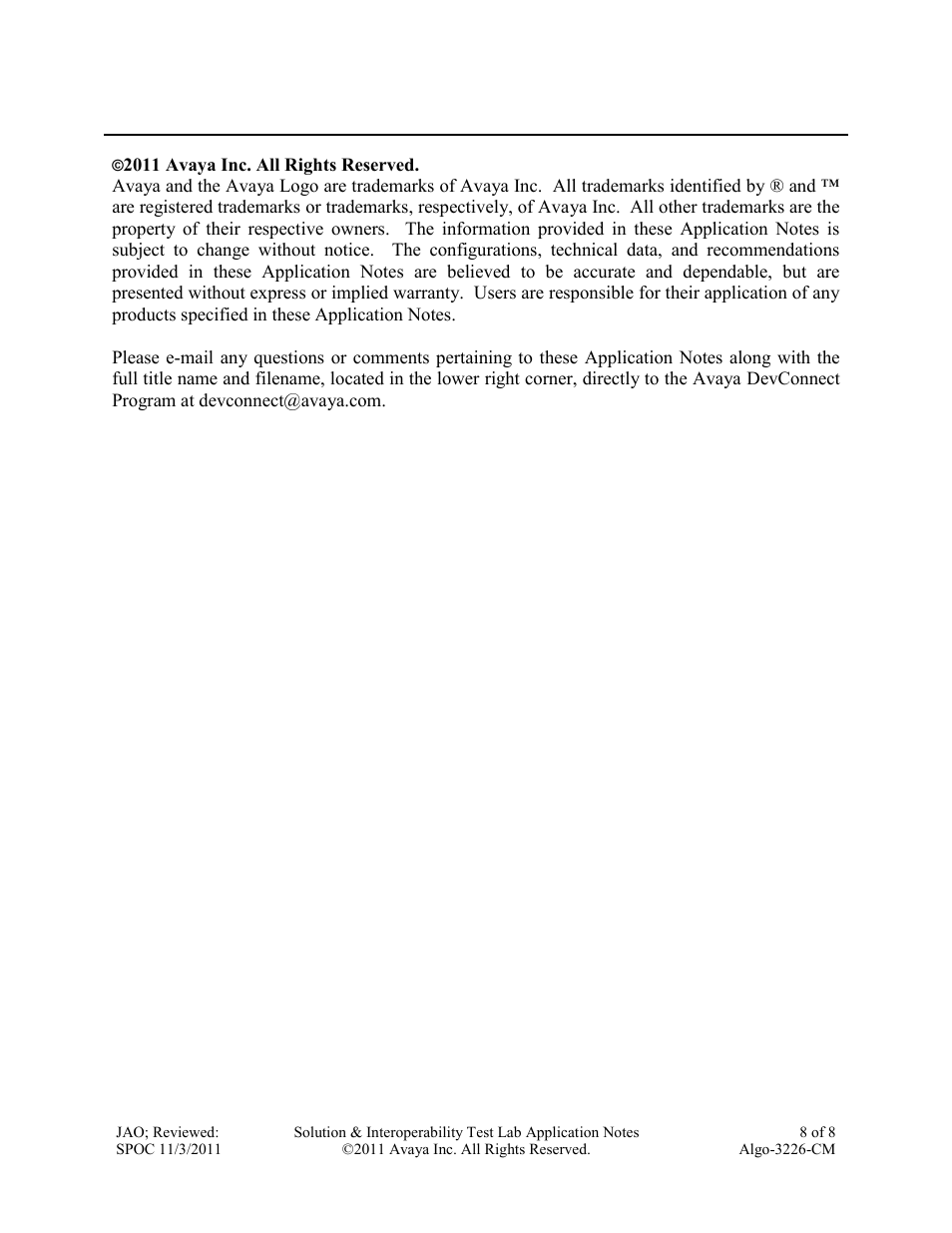 Avaya ALGO-3226-CM User Manual | Page 8 / 8