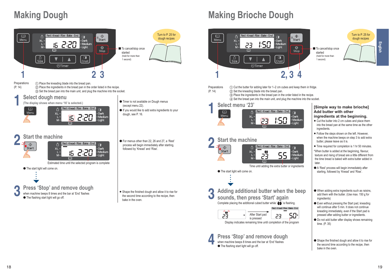Making dough 1 3 2, Making brioche dough 1 4 2, 3 | Panasonic SDZB2502BXE User Manual | Page 10 / 100