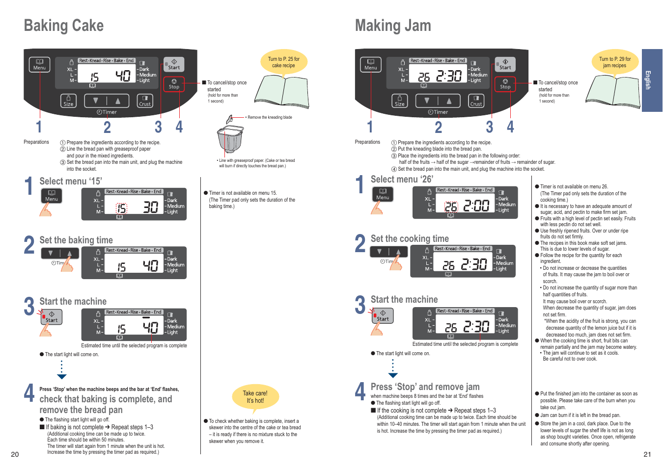 Making jam 1 4 2 3, Baking cake 1 4 2 3 | Panasonic SDZB2502BXE User Manual | Page 11 / 100