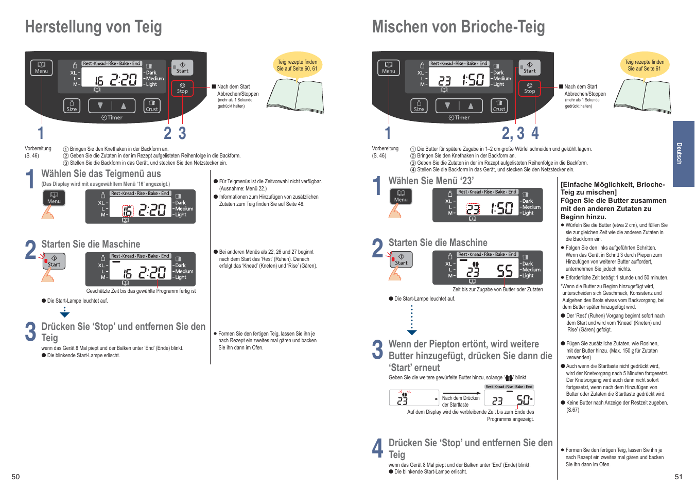 Mischen von brioche-teig 1 4 2, 3, Herstellung von teig 1 3 2 | Panasonic SDZB2502BXE User Manual | Page 26 / 100