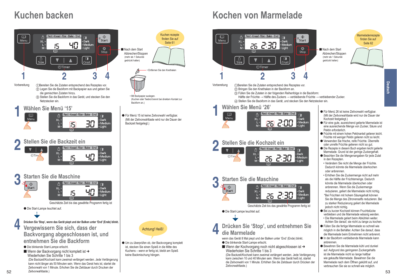 Kochen von marmelade 1 4 2 3, Kuchen backen 1 4 2 3 | Panasonic SDZB2502BXE User Manual | Page 27 / 100