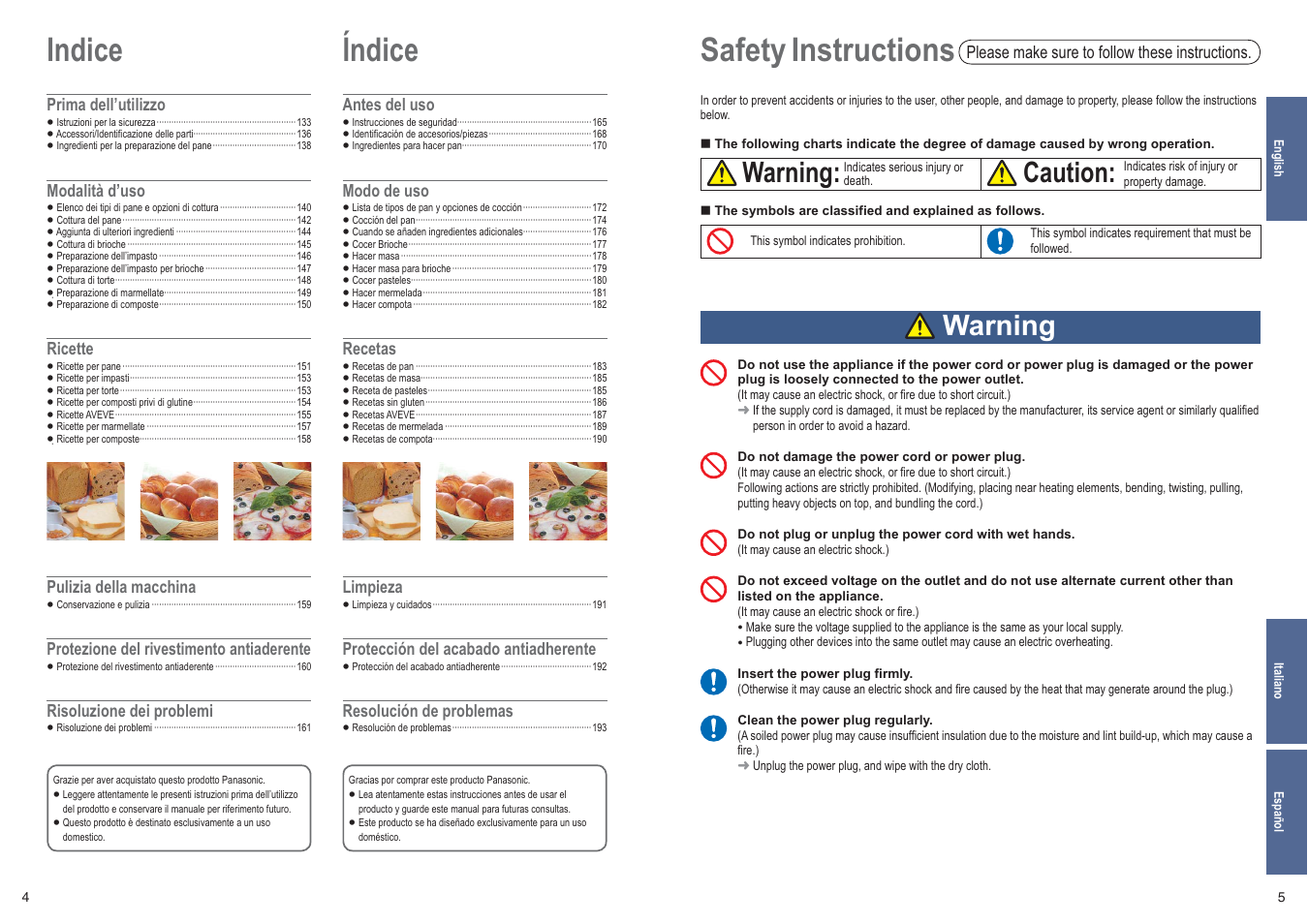 Indice, Índice, Safety instructions | Warning, Caution | Panasonic SDZB2502BXE User Manual | Page 3 / 100