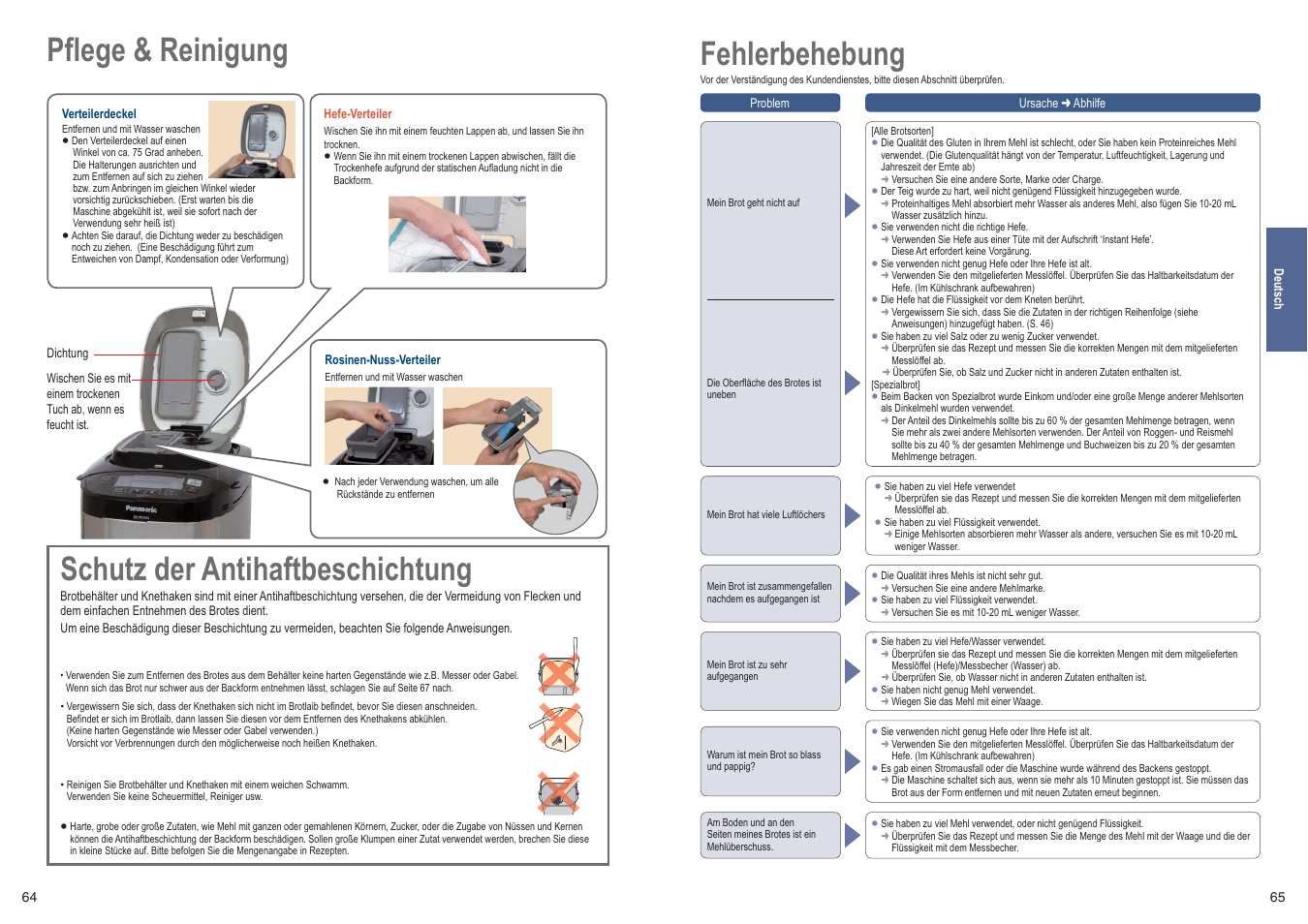 Fehlerbehebung, Schutz der antihaftbeschichtung, Pflege & reinigung | Panasonic SDZB2502BXE User Manual | Page 33 / 100