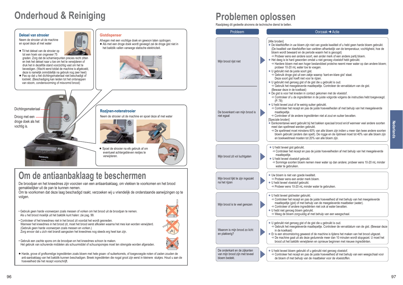 Om de antiaanbaklaag te beschermen, Onderhoud & reiniging, Problemen oplossen | Panasonic SDZB2502BXE User Manual | Page 49 / 100