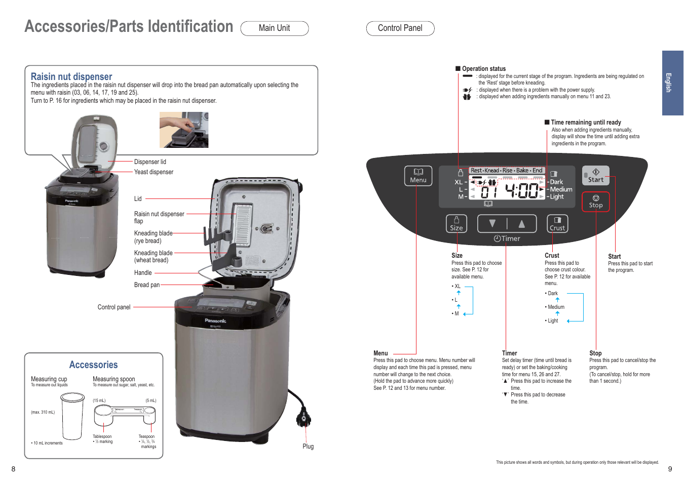 Accessories/parts identification, Raisin nut dispenser, Accessories | Main unit, Control panel | Panasonic SDZB2502BXE User Manual | Page 5 / 100
