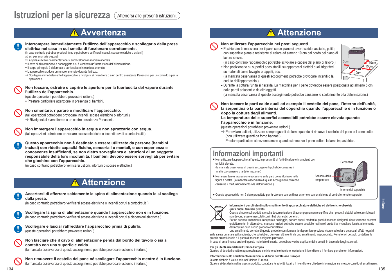 Istruzioni per la sicurezza, Avvertenza, Attenzione | Informazioni importanti | Panasonic SDZB2502BXE User Manual | Page 68 / 100