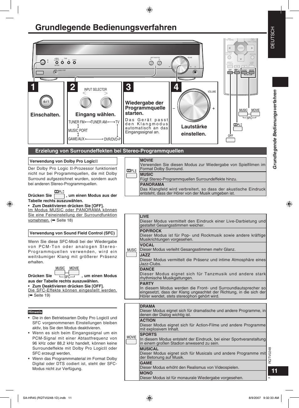 Grundlegende bedienungsverfahren, Lautstärke einstellen | Panasonic SAHR45EG User Manual | Page 11 / 68