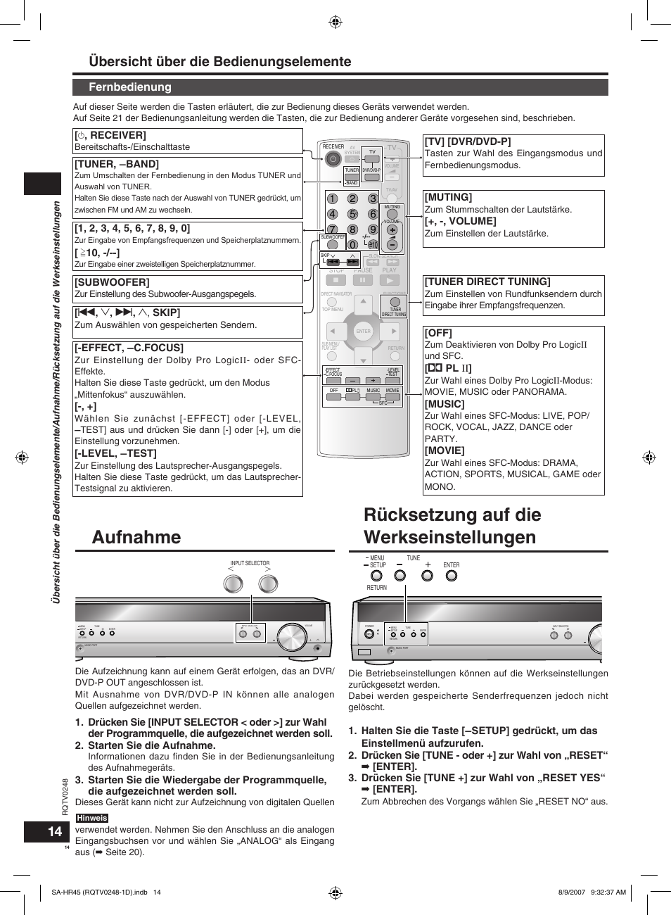 Aufnahme, Rücksetzung auf die werkseinstellungen, Übersicht über die bedienungselemente | Fernbedienung, Receiver, Tuner direct tuning, Pl ιι, Music, Movie, Tuner, ―band | Panasonic SAHR45EG User Manual | Page 14 / 68