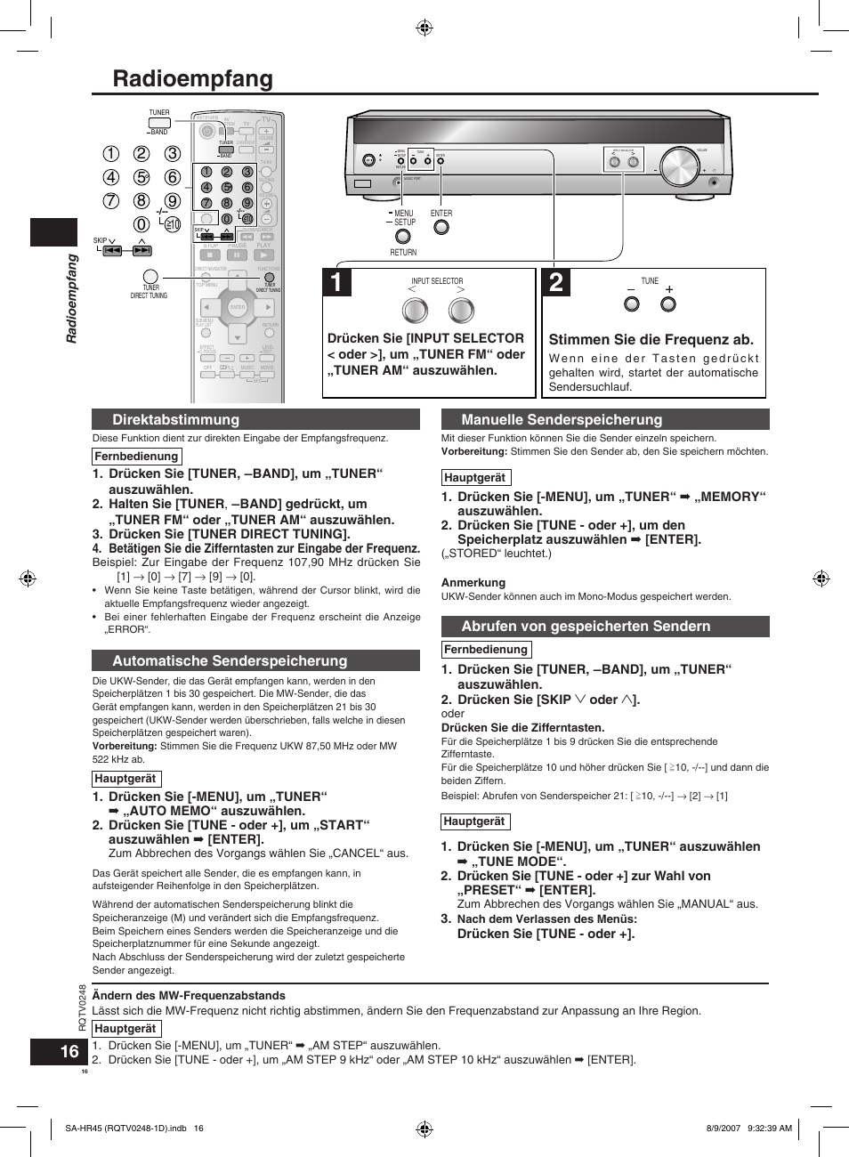 Radioempfang, Stimmen sie die frequenz ab, Direktabstimmung | Automatische senderspeicherung, Manuelle senderspeicherung, Abrufen von gespeicherten sendern, Drücken sie [tune - oder | Panasonic SAHR45EG User Manual | Page 16 / 68