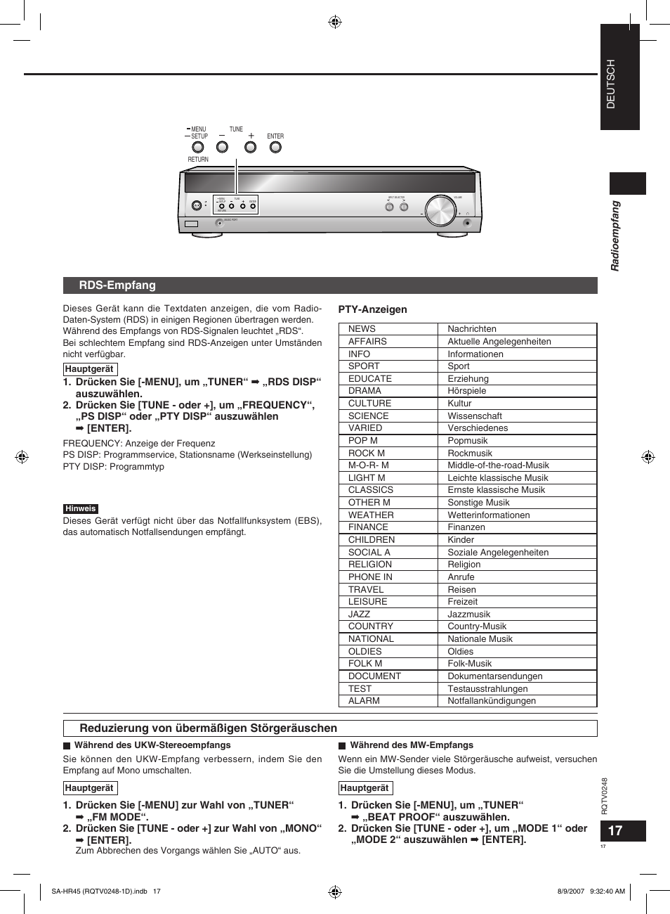 Reduzierung von übermäßigen störgeräuschen, Rds-empfang | Panasonic SAHR45EG User Manual | Page 17 / 68