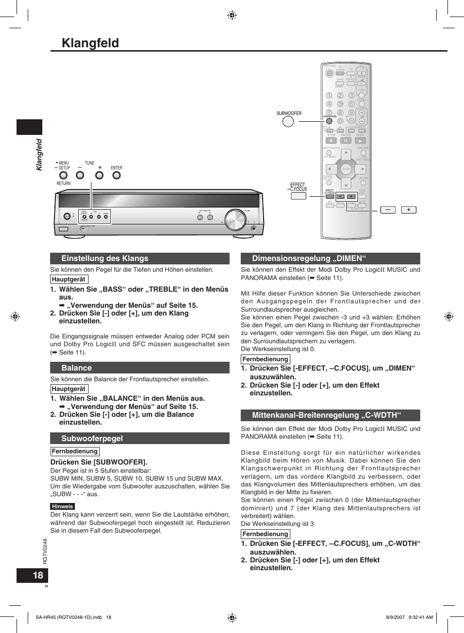 Einstellung des klangs, Balance, Subwooferpegel | Dimensionsregelung „dimen, Mittenkanal-breitenregelung „c-wdth, Klangfeld, Drücken sie [subwoofer, Fernbedienung, Hauptgerät | Panasonic SAHR45EG User Manual | Page 18 / 68