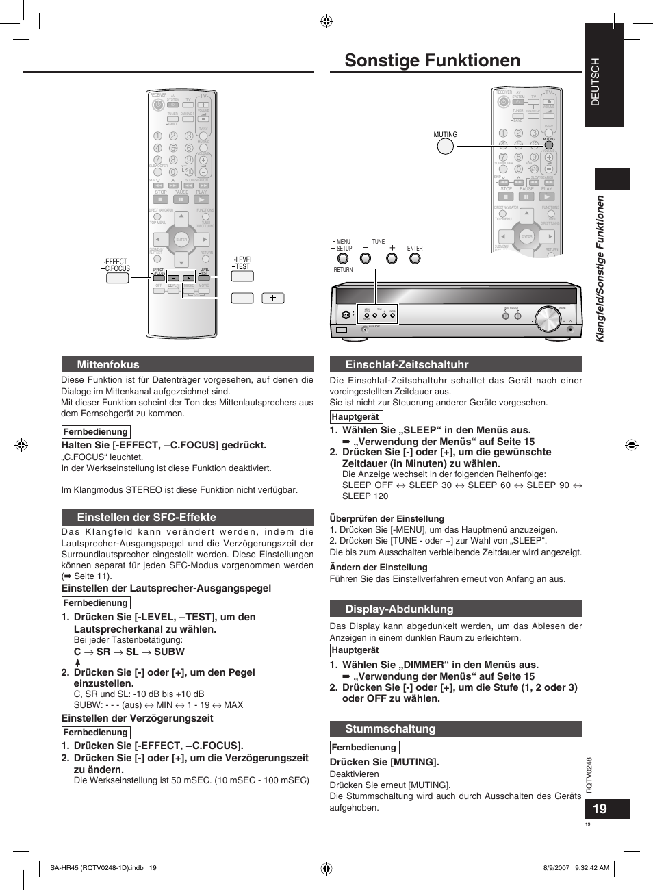 Sonstige funktionen, Einstellen der sfc-effekte, Mittenfokus | Display-abdunklung, Einschlaf-zeitschaltuhr, Stummschaltung, Deutsch klangfeld/sonstige funktionen, Halten sie [-effect, ―c.focus] gedrückt, Drücken sie [muting, Bei jeder tastenbetätigung | Panasonic SAHR45EG User Manual | Page 19 / 68