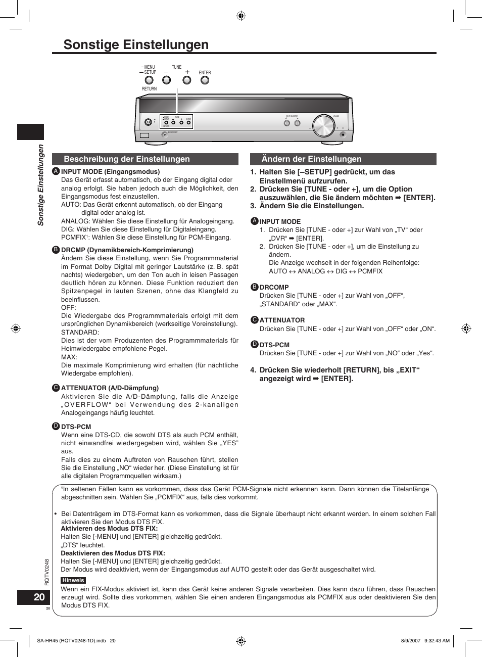 Sonstige einstellungen, Beschreibung der einstellungen, Ändern der einstellungen | Panasonic SAHR45EG User Manual | Page 20 / 68