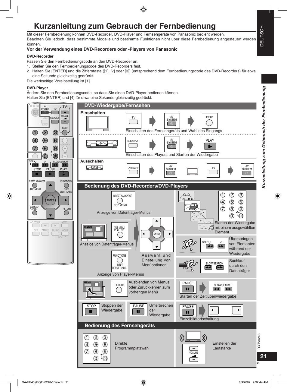 Kurzanleitung zum gebrauch der fernbedienung, Dvd-wiedergabe/fernsehen, Bedienung des dvd-recorders/dvd-players | Bedienung des fernsehgeräts | Panasonic SAHR45EG User Manual | Page 21 / 68