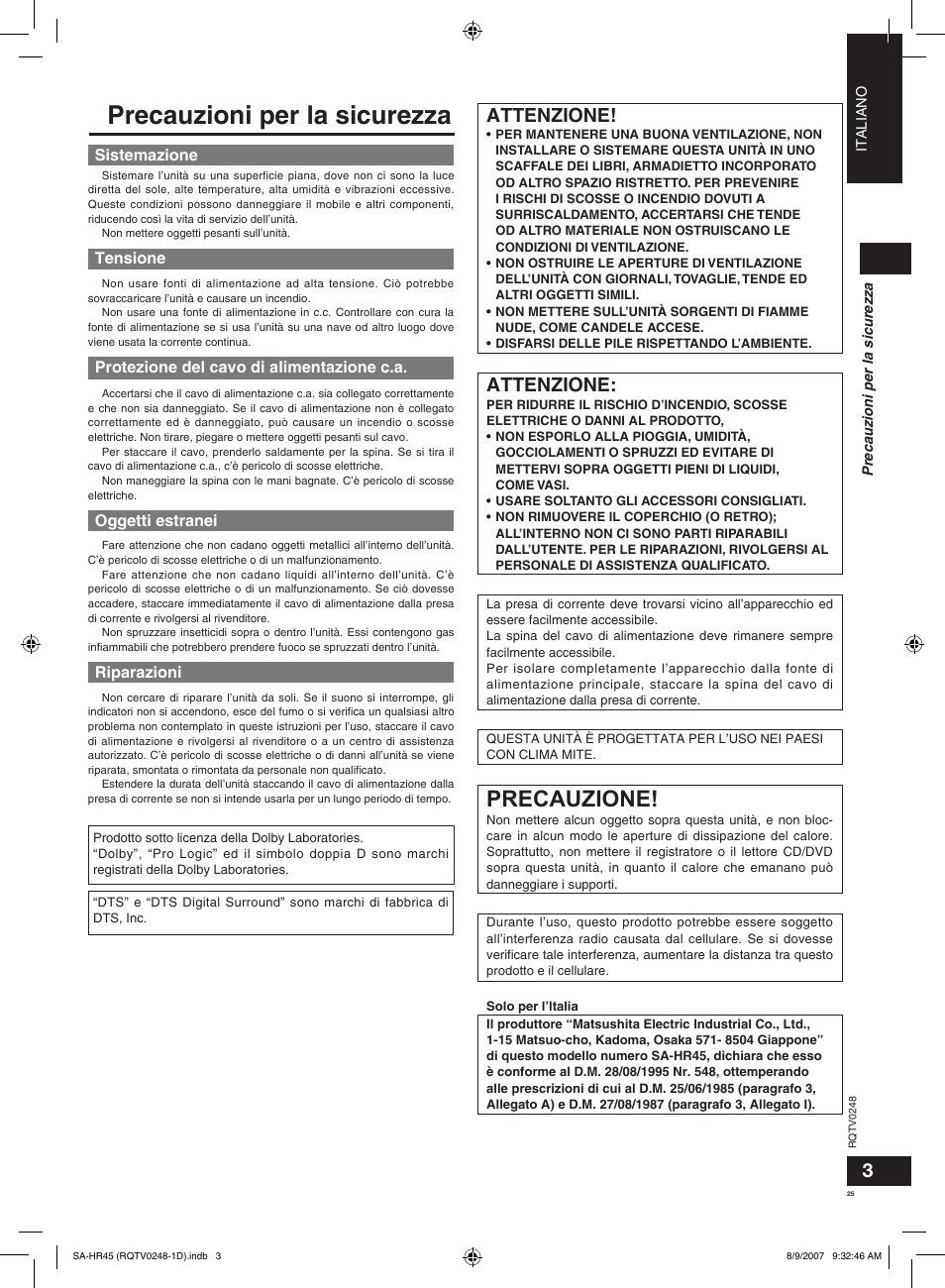 Precauzioni per la sicurezza, Precauzione, Attenzione | Panasonic SAHR45EG User Manual | Page 25 / 68