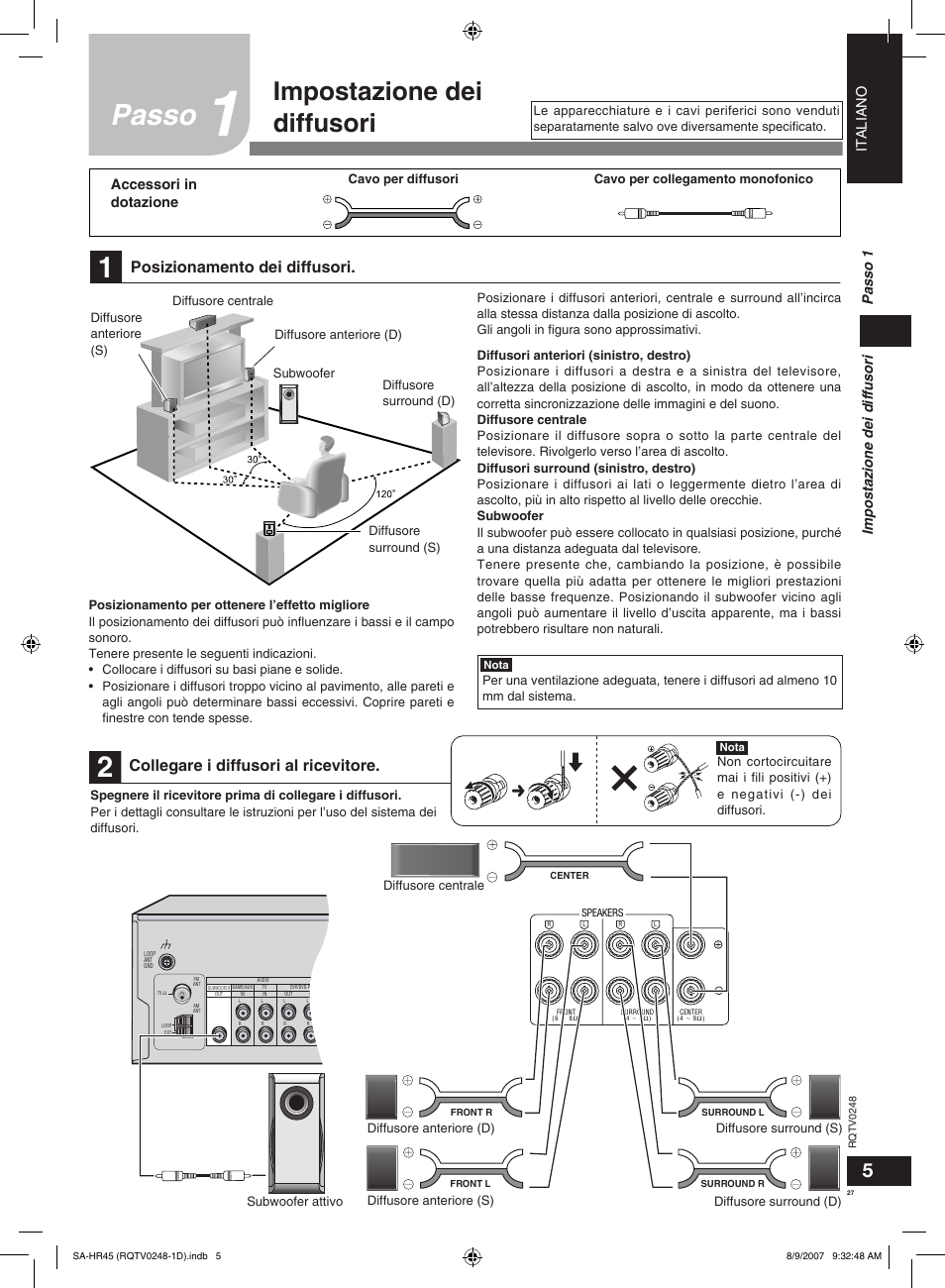 Passo, Impostazione dei diffusori, Posizionamento dei diffusori | Collegare i diffusori al ricevitore, Italiano, Impostazione dei diffusori passo 1, Accessori in dotazione | Panasonic SAHR45EG User Manual | Page 27 / 68