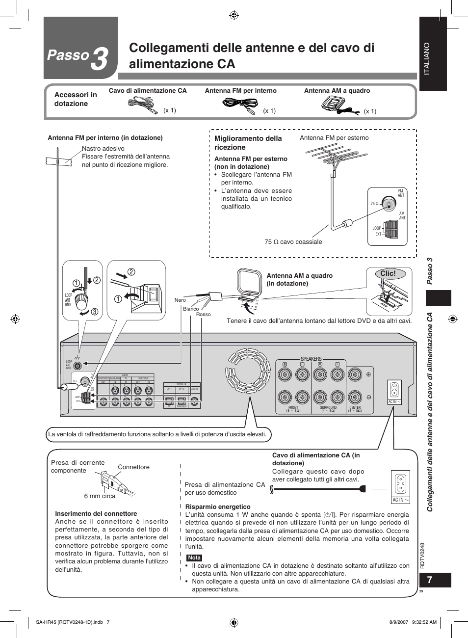 Passo, Italiano, Clic | Miglioramento della ricezione, Accessori in dotazione | Panasonic SAHR45EG User Manual | Page 29 / 68