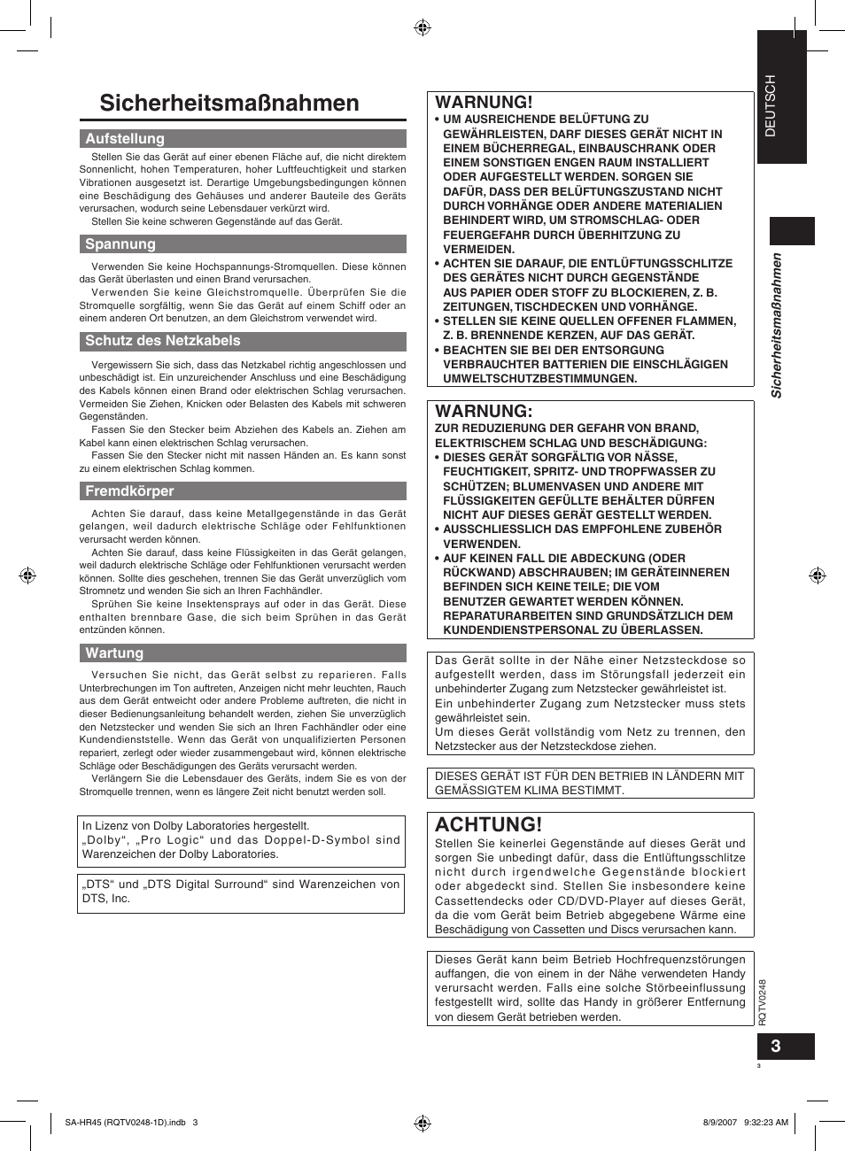 Sicherheitsmaßnahmen, Achtung, Warnung | Panasonic SAHR45EG User Manual | Page 3 / 68