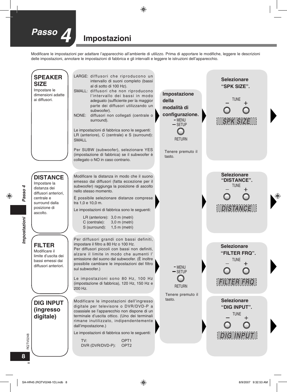 Passo, Impostazioni, Distance | Filter frq, Dig input, Spk size, Subw no subw yes, Exit | Panasonic SAHR45EG User Manual | Page 30 / 68