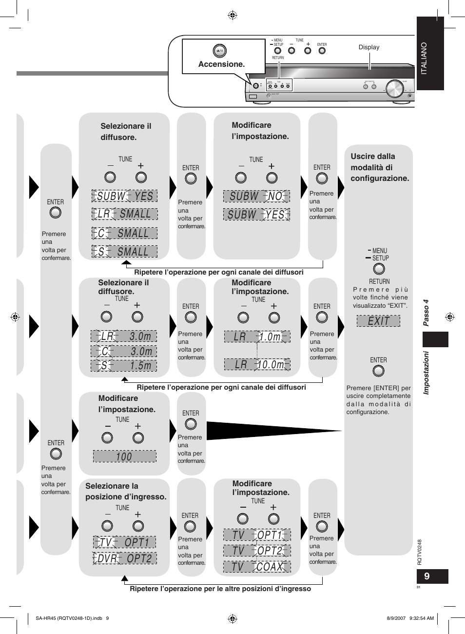 Distance, Filter frq, Dig input | Spk size, Subw no subw yes, Exit | Panasonic SAHR45EG User Manual | Page 31 / 68