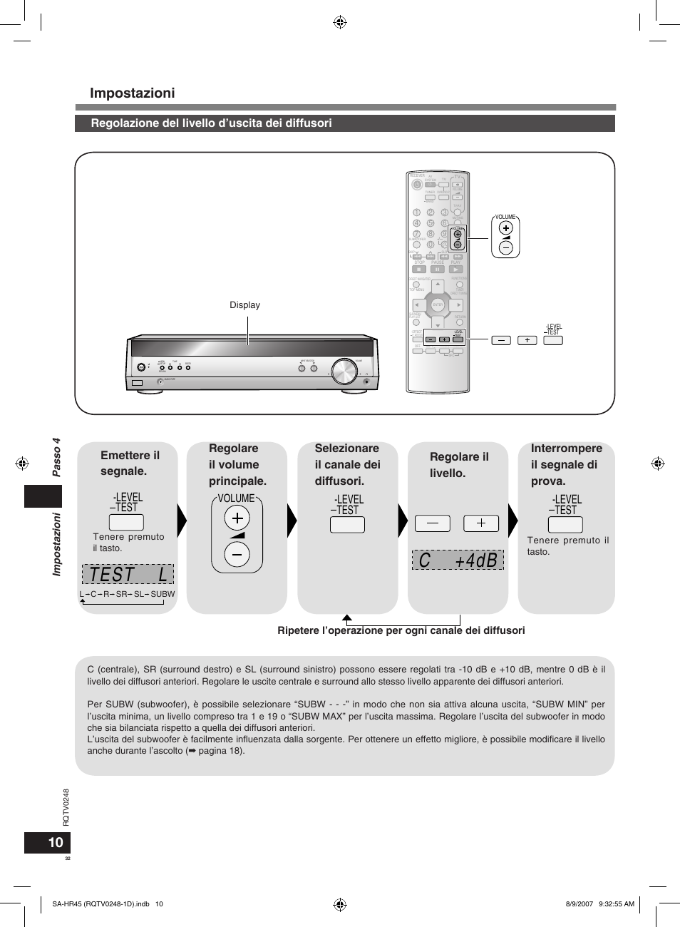 Test l c +4db, Impostazioni, Level test -level test -level test | Regolazione del livello d’uscita dei diffusori, Emettere il segnale, Volume, Passo 4 impostazioni, Display, Tenere premuto il tasto | Panasonic SAHR45EG User Manual | Page 32 / 68