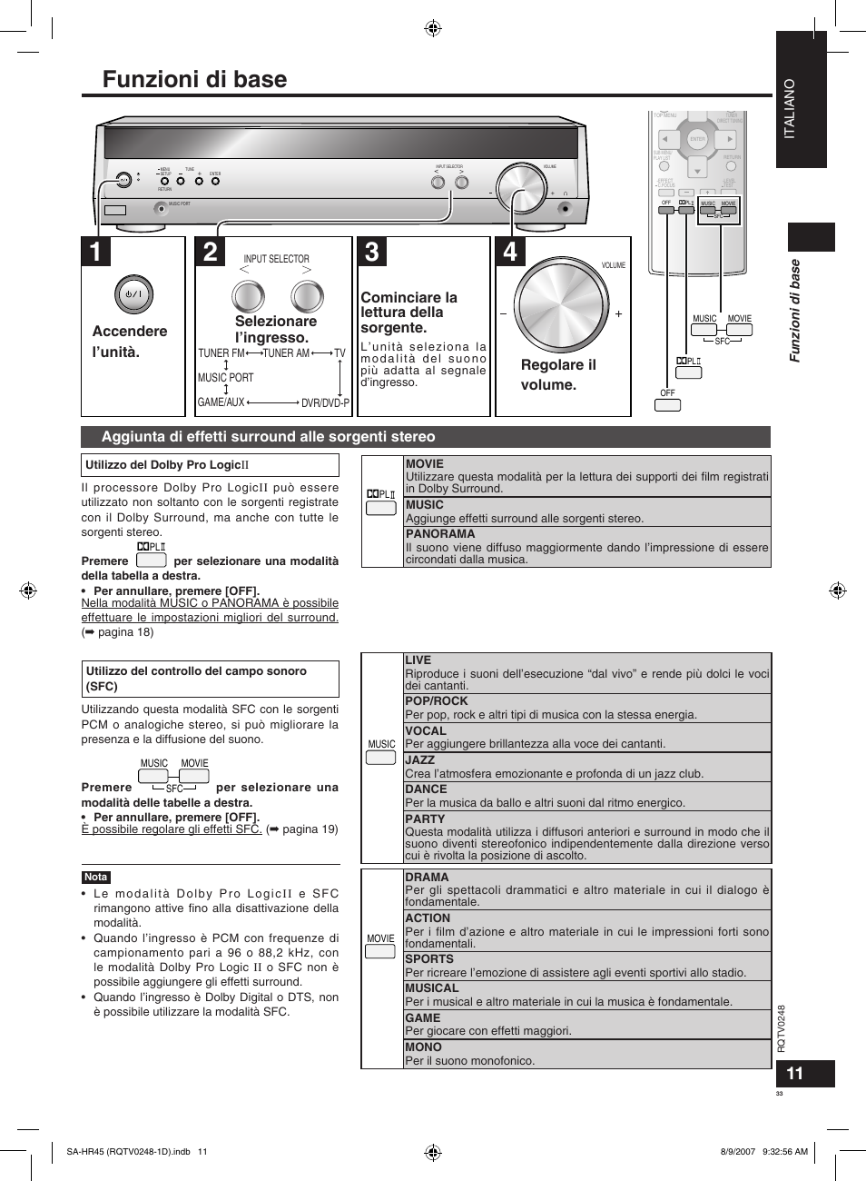 Funzioni di base, Regolare il volume, Aggiunta di effetti surround alle sorgenti stereo | Panasonic SAHR45EG User Manual | Page 33 / 68