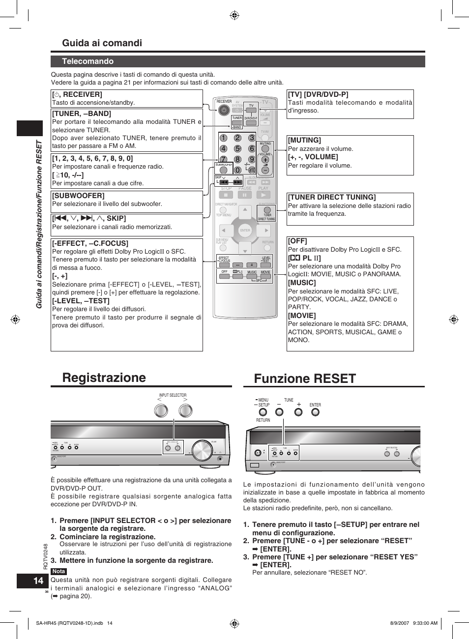 Registrazione, Funzione reset, Guida ai comandi | Telecomando, Guida ai comandi/registrazione/funzione reset, Receiver, Tuner direct tuning, Pl ιι, Music, Movie | Panasonic SAHR45EG User Manual | Page 36 / 68