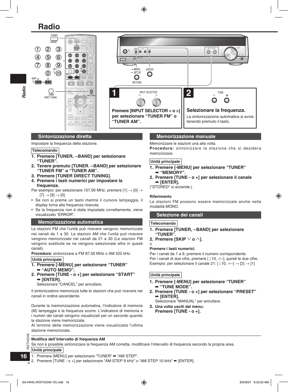 Radio, Selezionare la frequenza, Sintonizzazione diretta | Selezione dei canali | Panasonic SAHR45EG User Manual | Page 38 / 68