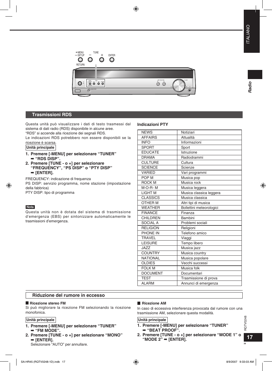 Riduzione del rumore in eccesso, Trasmissioni rds | Panasonic SAHR45EG User Manual | Page 39 / 68