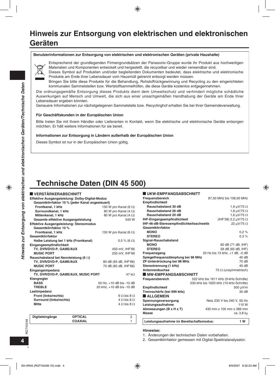 Panasonic SAHR45EG User Manual | Page 4 / 68