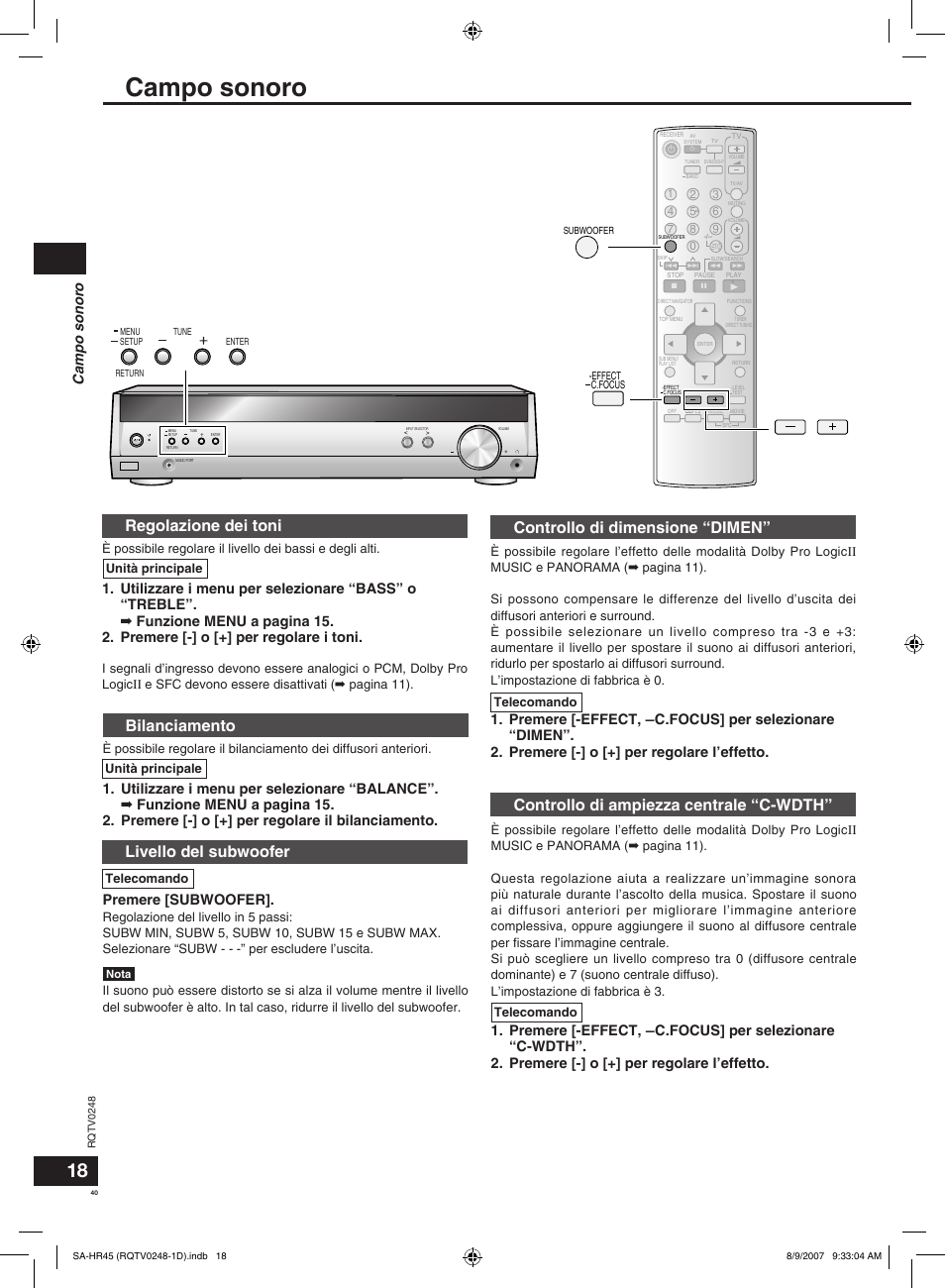 Regolazione dei toni, Bilanciamento, Livello del subwoofer | Controllo di dimensione “dimen, Controllo di ampiezza centrale “c-wdth, Campo sonoro, Premere [subwoofer, Telecomando, Unità principale | Panasonic SAHR45EG User Manual | Page 40 / 68