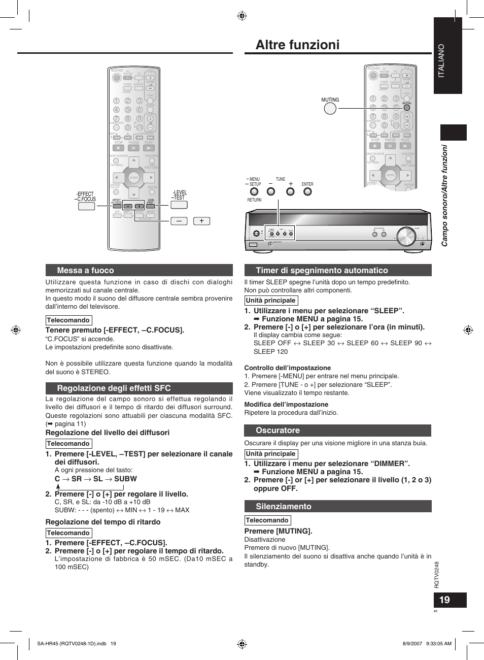 Altre funzioni, Regolazione degli effetti sfc, Messa a fuoco | Oscuratore, Timer di spegnimento automatico, Silenziamento, Italiano campo sonoro/altre funzioni, Tenere premuto [-effect, ―c.focus, Premere [muting, A ogni pressione del tasto | Panasonic SAHR45EG User Manual | Page 41 / 68