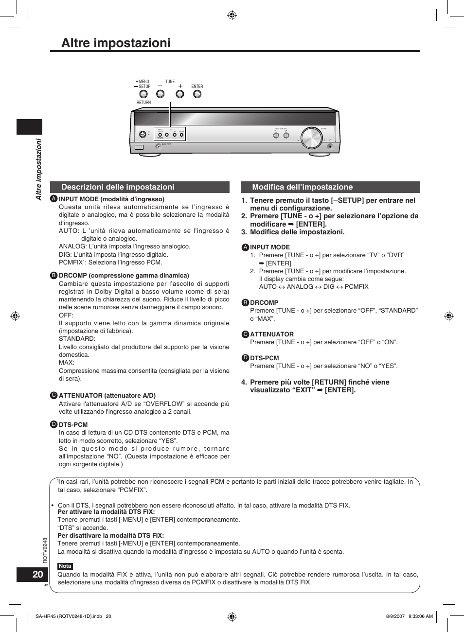 Altre impostazioni, Descrizioni delle impostazioni, Modiﬁca dell’impostazione | Panasonic SAHR45EG User Manual | Page 42 / 68
