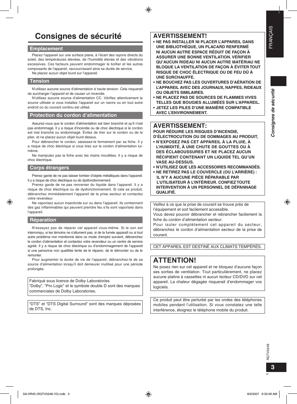 Consignes de sécurité, Attention, Avertissement | Panasonic SAHR45EG User Manual | Page 47 / 68
