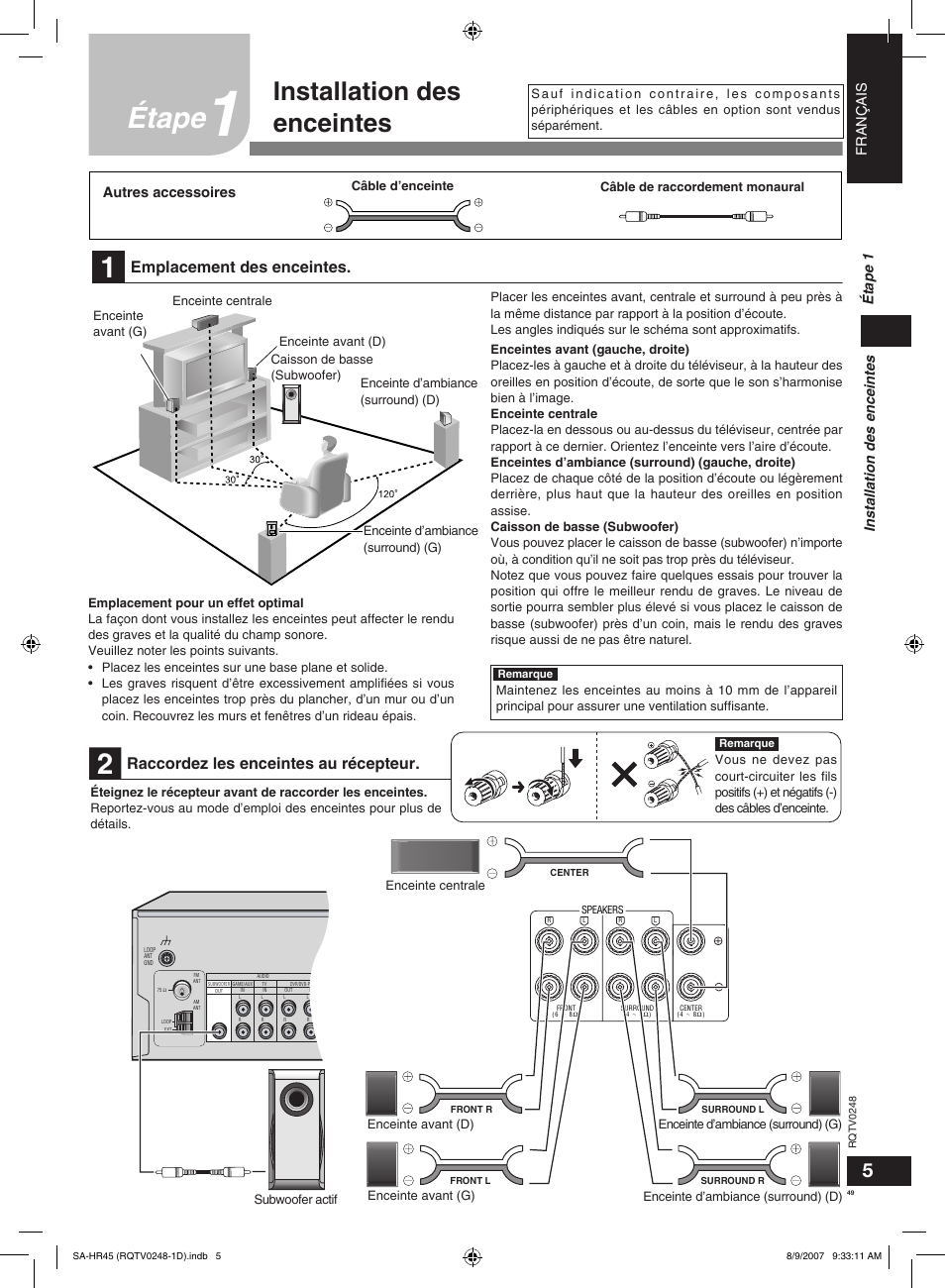 Étape, Installation des enceintes, Emplacement des enceintes | Raccordez les enceintes au récepteur, Français, Installation des enceintes étape 1, Autres accessoires, Câble d’enceinte câble de raccordement monaural | Panasonic SAHR45EG User Manual | Page 49 / 68