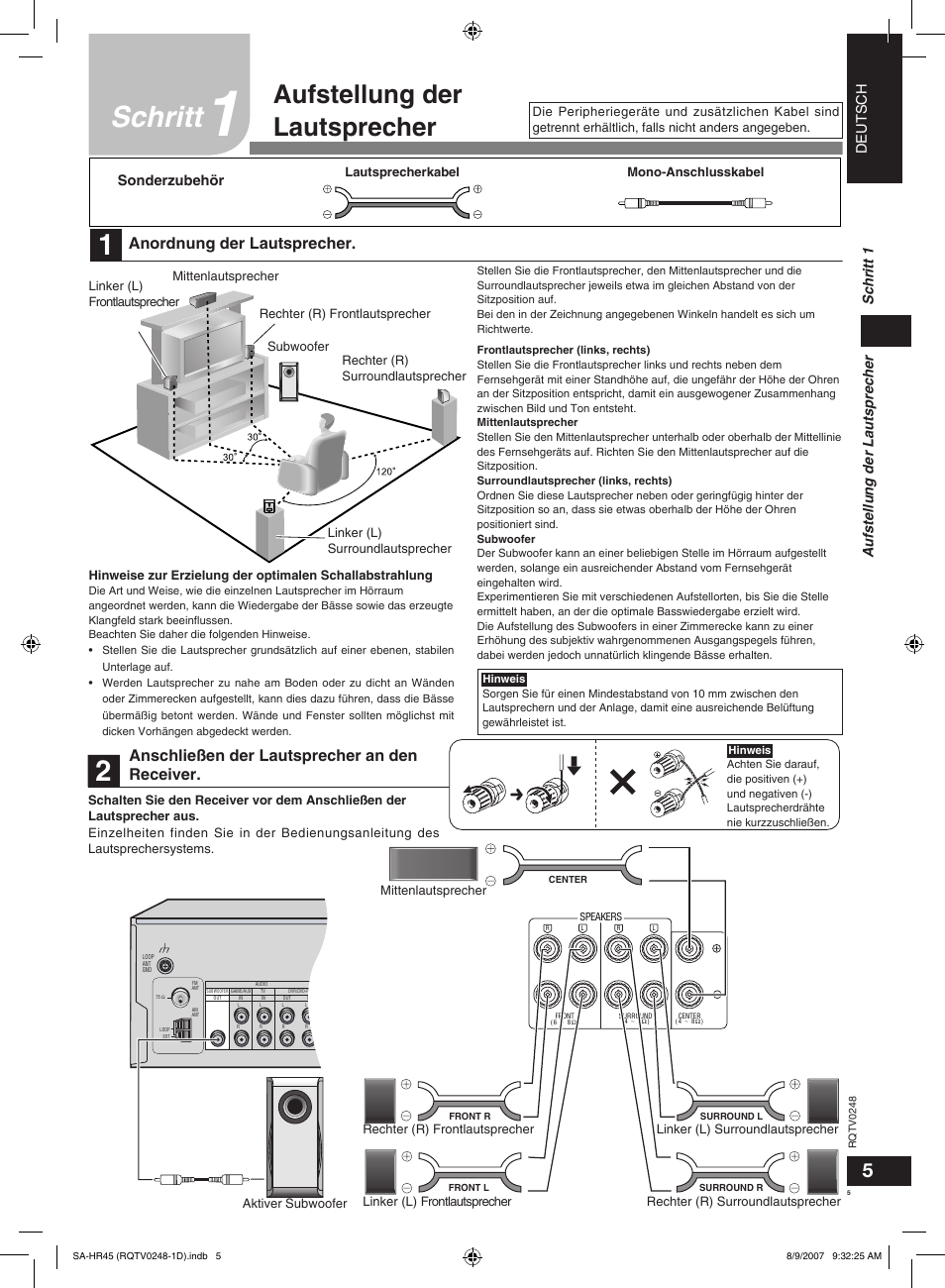 Schritt, Aufstellung der lautsprecher, Anordnung der lautsprecher | Anschließen der lautsprecher an den receiver, Deutsch, Aufstellung der lautsprecher schritt 1, Sonderzubehör | Panasonic SAHR45EG User Manual | Page 5 / 68