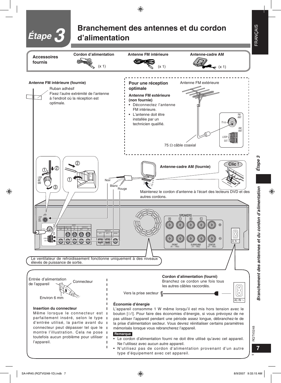 Étape, Français, Clic | Pour une réception optimale, Accessoires fournis | Panasonic SAHR45EG User Manual | Page 51 / 68