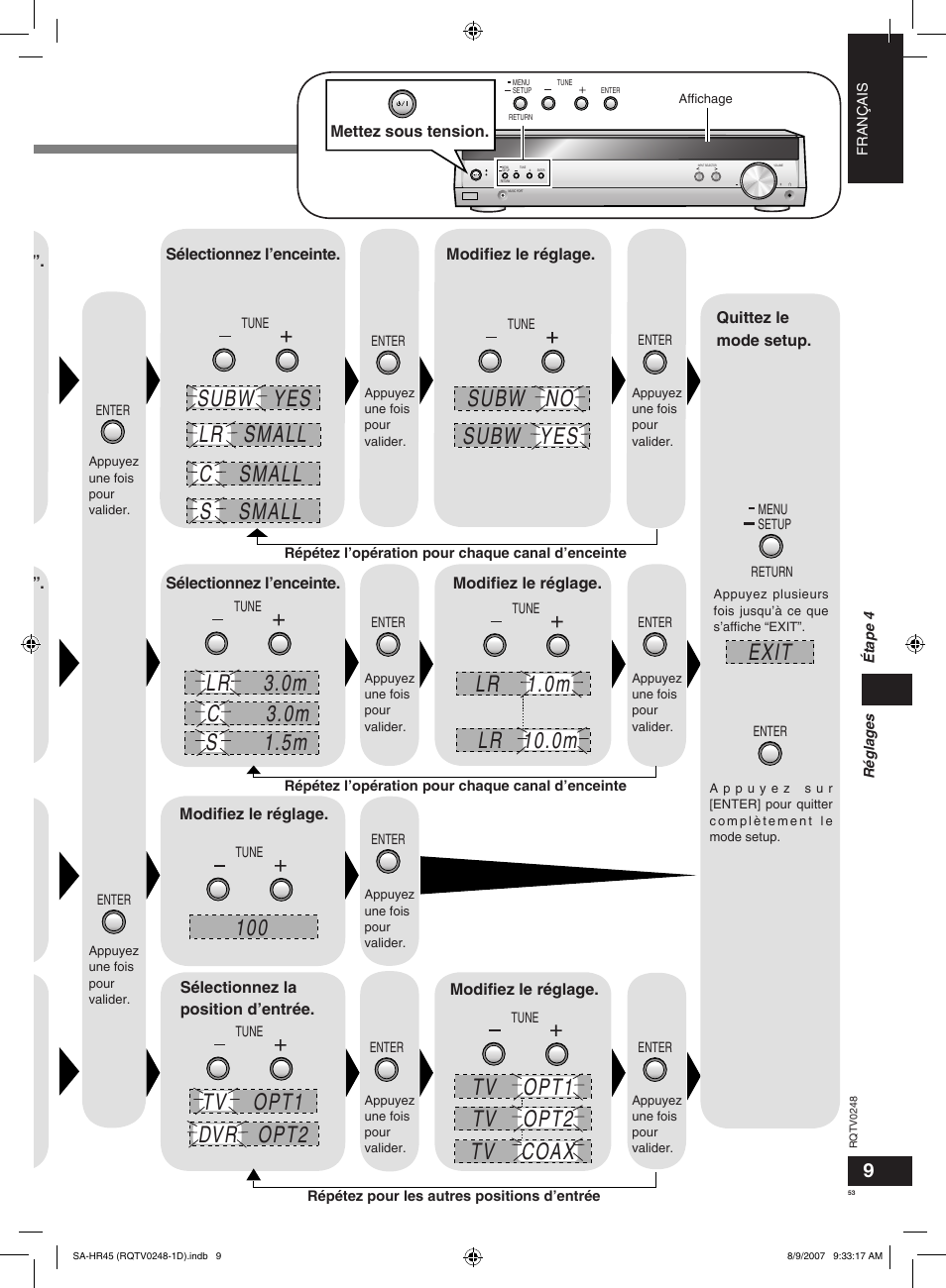 Distance, Filter frq, Dig input | Spk size, Subw no subw yes, Exit | Panasonic SAHR45EG User Manual | Page 53 / 68