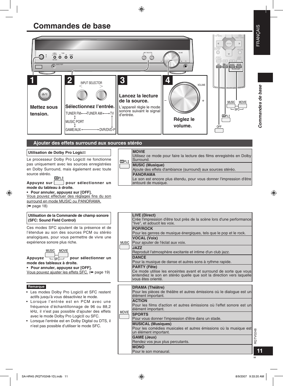 Commandes de base, Réglez le volume, Ajouter des effets surround aux sources stéréo | Panasonic SAHR45EG User Manual | Page 55 / 68