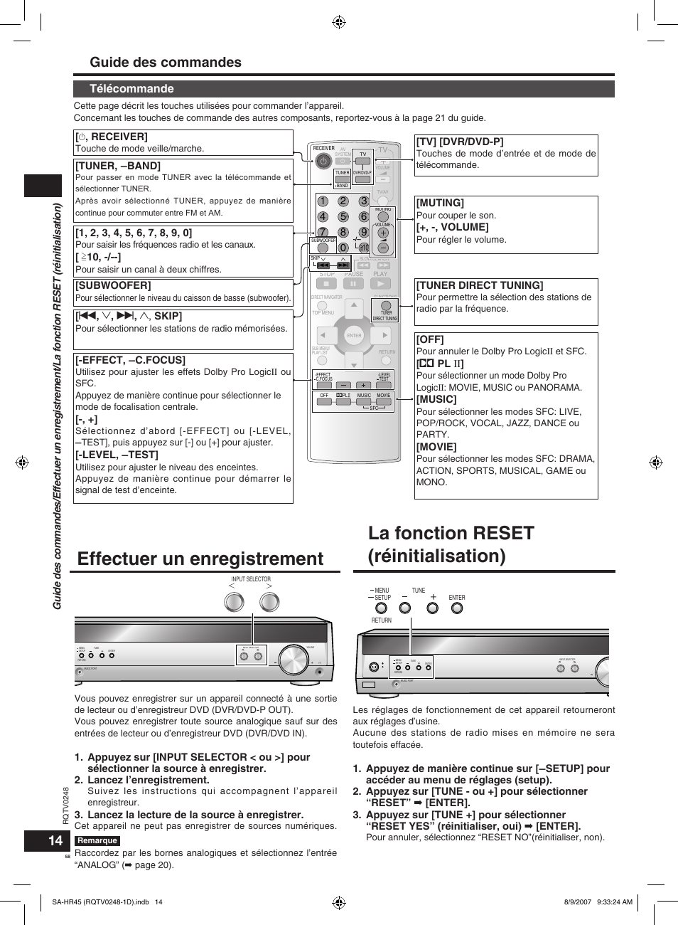 Effectuer un enregistrement, La fonction reset (réinitialisation), Guide des commandes | Télécommande | Panasonic SAHR45EG User Manual | Page 58 / 68